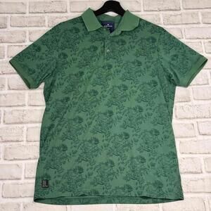 Ogechi Polo‎ Shirt Green Floral Pattern India Cotton Sheen Slim Fit Men's Size L